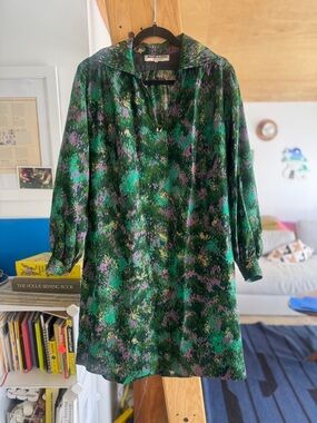 Yves Saint Laurent Rive Gauche Vintage Green & Purple Floral Dress (7.5-8, M)